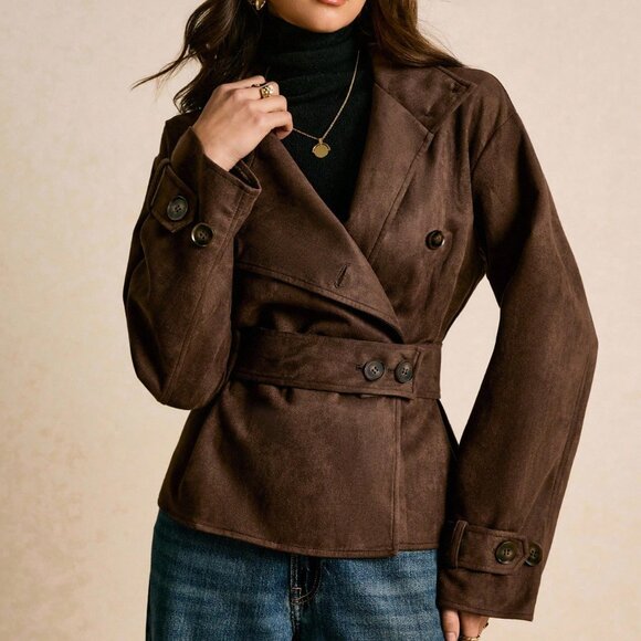 Brown Preppy Women Faux Suede Belted Short Trench Coat - Picture 5 of 8